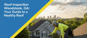 A roofer in bright yellow workwear inspects a residential roof with the Woodstock, GA skyline in the background. The image is designed in landscape format, featuring a badge blue and canary yellow overlay with the title "Roof Inspection Woodstock, GA: Your Guide to a Healthy Roof" in white text.
