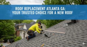 A professional photograph of a roofer in canary yellow work clothes on a residential roof in Atlanta, Georgia. The image is in a landscape format, with a banner across the top that reads "Roof Replacement Atlanta GA: Your Trusted Choice for a New Roof" in white text on a badge blue background.