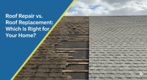 A side-by-side comparison on a single roof shows a damaged, old section next to a newly repaired section with clean, new shingles. The title "Roof Repair vs. Roof Replacement: Which Is Right for Your Home?" is in white text on a blue and canary yellow background.