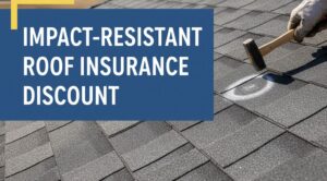 A close-up of a dark grey impact-resistant shingle roof with a circled area indicating a test impact. A title overlay in badge blue and canary yellow reads "IMPACT-RESISTANT ROOF INSURANCE DISCOUNT" in white text