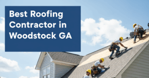 A team of roofers in yellow hard hats and tool belts are actively working on replacing the roof of a light grey house. Some roofers are on the roof, installing shingles, while others are on ladders and the ground, carrying materials. A large yellow dumpster is parked nearby, and blue tarps protect the ground.