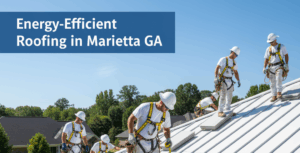 A team of roofers in white uniforms, hard hats, and safety harnesses are installing a new white, energy-efficient metal roof on a house under a clear blue sky. Stacks of roofing panels are visible on the roof and on a platform next to the house.