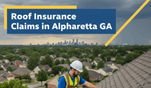 A professional roof inspector in a white hard hat, yellow safety vest, and harness is on a residential shingle roof, holding a tablet and examining a section of damage while his toolkit sits open on a ladder. The Alpharetta, GA skyline is visible in the background over a suburban landscape under a cloudy sky. The image features a badge blue and canary yellow overlay with the accurate title "Roof Insurance Claims in Alpharetta GA" in white text.