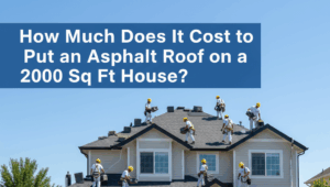 A team of roofers in yellow hard hats and white uniforms are actively installing an asphalt shingle roof on a large two-story house. Many workers are on the roof, while others are on the ground, where a yellow dumpster, stacks of new shingles, and blue tarps are present. A yellow service van is parked on the right.