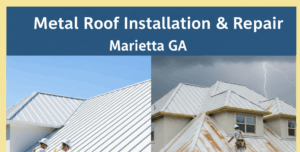 A split image shows two scenes of metal roof work. On the left, two roofers are on ladders installing a new, pristine white metal roof and yellow gutters on a house under a clear blue sky. On the right, a single roofer is working on a severely weathered and rusty metal roof during a thunderstorm with visible lightning, indicating repair.