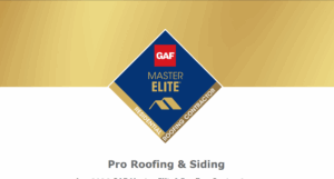 The GAF Master Elite Residential Roofing Contractor logo on a gold background, indicating Pro Roofing & Siding is a 2026 GAF Master Elite Contractor authorized to offer enhanced warranties.
