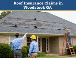 A residential roof with noticeable storm damage and missing shingles, being inspected by a contractor or adjuster in Woodstock, Georgia. The title "ROOF INSURANCE CLAIMS IN WOODSTOCK GA" is displayed with high-contrast colors.