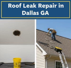 A professional roofer on a ladder or roof inspecting a small, localized wet spot or damaged area on a shingle roof, indicating a leak in Dallas, Georgia. The title "ROOF LEAK REPAIR IN DALLAS GA" is displayed on the image.