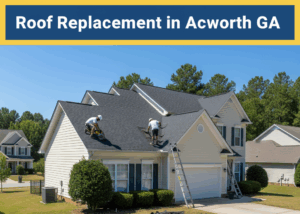 Professional roofing crew installing new architectural shingles on a residential home in Acworth, GA. The image includes a high-contrast title "Roof Replacement in Acworth GA" in white text on a blue and yellow banner.
