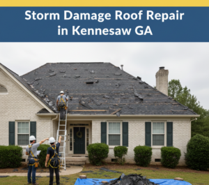 A professional roofing crew repairing a storm-damaged roof on a home in Kennesaw, GA, featuring architectural shingles. The image displays the title "Storm Damage Roof Repair in Kennesaw GA" in white text on a solid Badge Blue background without border lines.