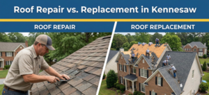 Top Roof Leak Repair in Kennesaw GA – Fast & Reliable Solutions 2 A split-screen comparison graphic. The top header is badge blue with white text reading "Roof Repair vs. Replacement in Kennesaw," underlined by a canary yellow accent line. The left side, labeled "ROOF REPAIR," shows a roofer repairing shingles. The right side, labeled "ROOF REPLACEMENT," shows a crew performing a full install on a suburban home. Subtitles include "Targeted fixes" and "Comprehensive upgrade."