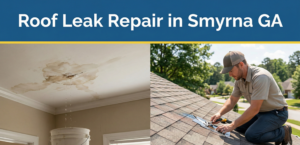 A professional roof leak repair featured image with a badge blue border. The top header contains white text reading "Roof Leak Repair in Smyrna GA" above a canary yellow accent line. The image is split into two panels: the left shows a water-stained ceiling with a bucket catching drips, and the right shows a roofer in a tan shirt and cap performing a precision repair on a shingle roof.