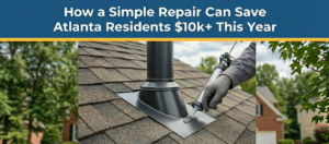 A professional roofing blog image for Atlanta residents. The top banner is badge blue with white text reading "How a Simple Repair Can Save Atlanta Residents $10k+ This Year" above a canary yellow accent line. The central photo shows a close-up of a roofer in grey gloves applying sealant to a new roof pipe boot, set against a blurred background of an Atlanta suburban neighborhood.