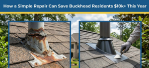 A professional roofing blog image for Buckhead residents. The top banner is badge blue with white text reading "How a Simple Repair Can Save Buckhead Residents $10k+ This Year" above a canary yellow accent line. The graphic features two framed comparison photos: the left shows a rusted, leaking pipe boot on a shingle roof, and the right shows a roofer in grey gloves expertly installing a new, watertight seal.