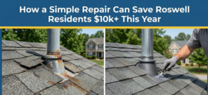 The "5-Year Fix": How a Simple Roof Repair Can Save Roswell Residents $10k+ This Year 2 A split-screen blog image titled "How a Simple Repair Can Save Roswell Residents $10k+ This Year." The left side, labeled "The Problem," shows a rusted and leaking roof pipe boot. The right side, labeled "The $10k+ Solution," shows a professional roofer installing a new, watertight seal to prevent expensive structural damage.